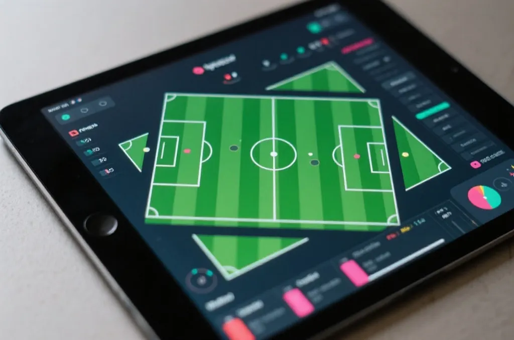 tablet screen displaying a generic soccer field tactical layout, sports analysis dashboard, clean design, editorial style